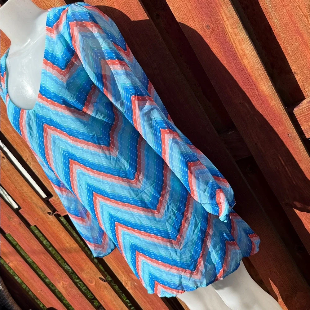 Xtraordinary Blue, Turquoise & Coral Zigzag Long-Sleeve Dress Size M - Picture 4 of 8